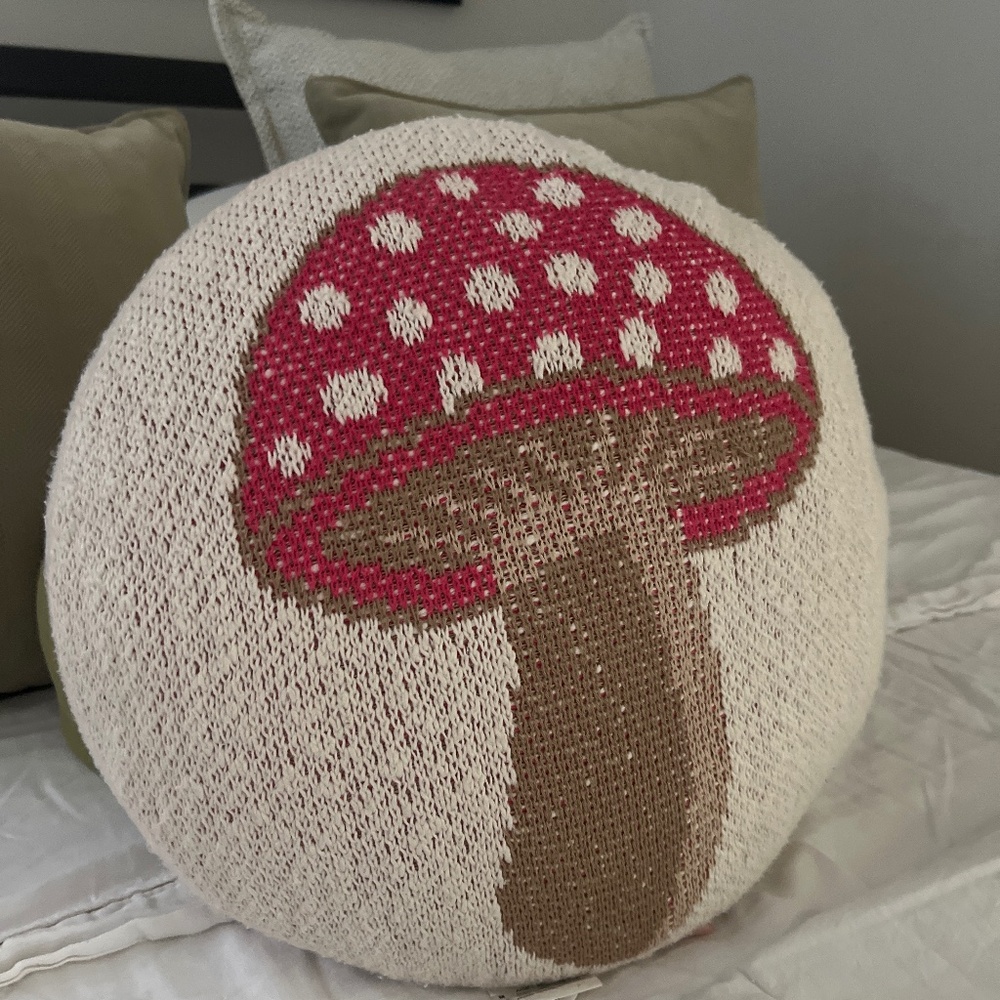 Lil Pixies Round Mushroom Accent Pillow in Cream, Pink, Brown, and Beige